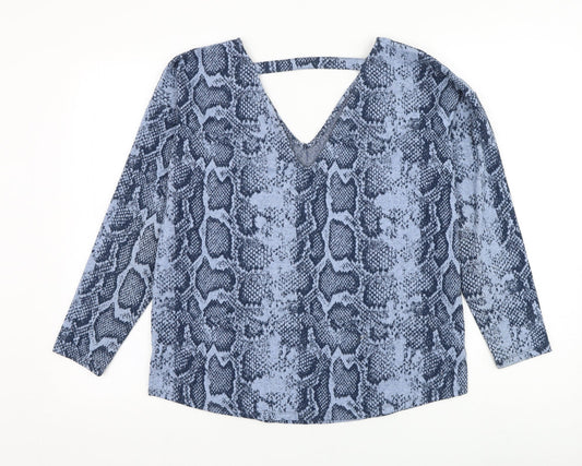 NEXT Womens Blue V-Neck Animal Print Polyester Pullover Jumper Size 12