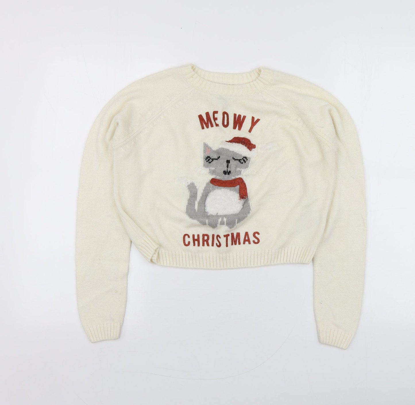 New Look Girls Ivory Round Neck Geometric Acrylic Pullover Jumper Size 10-11 Years   - Santa Jumper