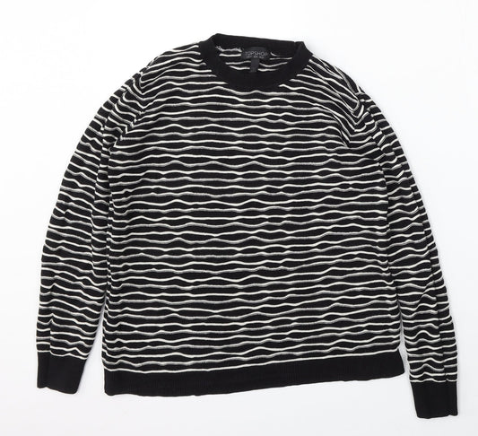 Topshop Womens Black Round Neck Striped Cotton Pullover Jumper Size 14