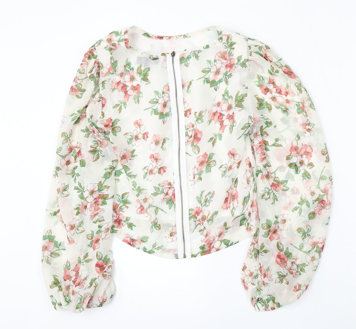 Angel Eye Womens White Floral Polyester Basic Blouse Size S Round Neck