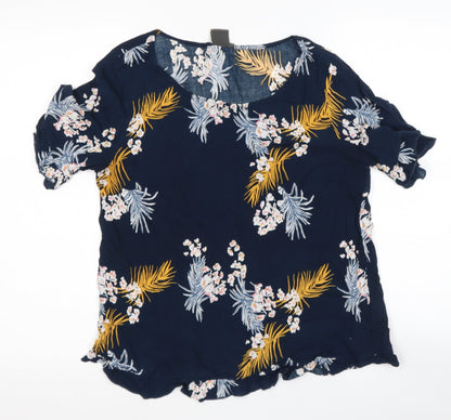 ICHI Womens Blue Floral Polyester Basic Blouse Size 12 Scoop Neck