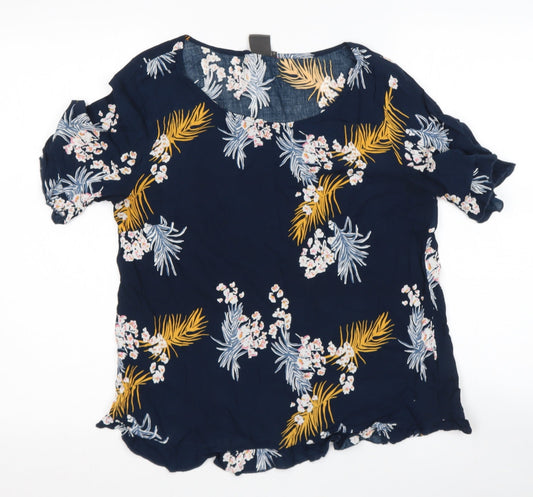 ICHI Womens Blue Floral Polyester Basic Blouse Size 12 Scoop Neck
