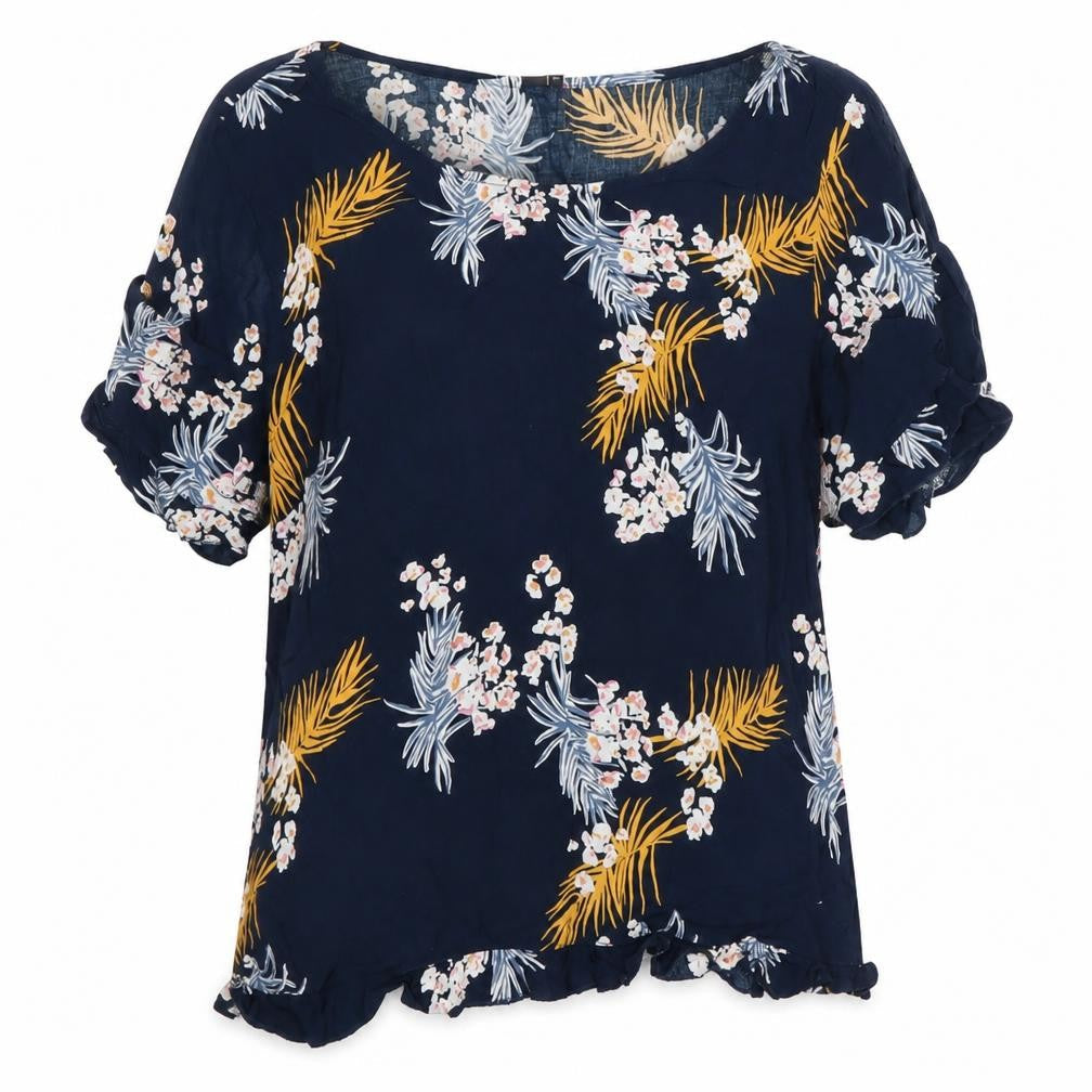 ICHI Womens Blue Floral Polyester Basic Blouse Size 12 Scoop Neck