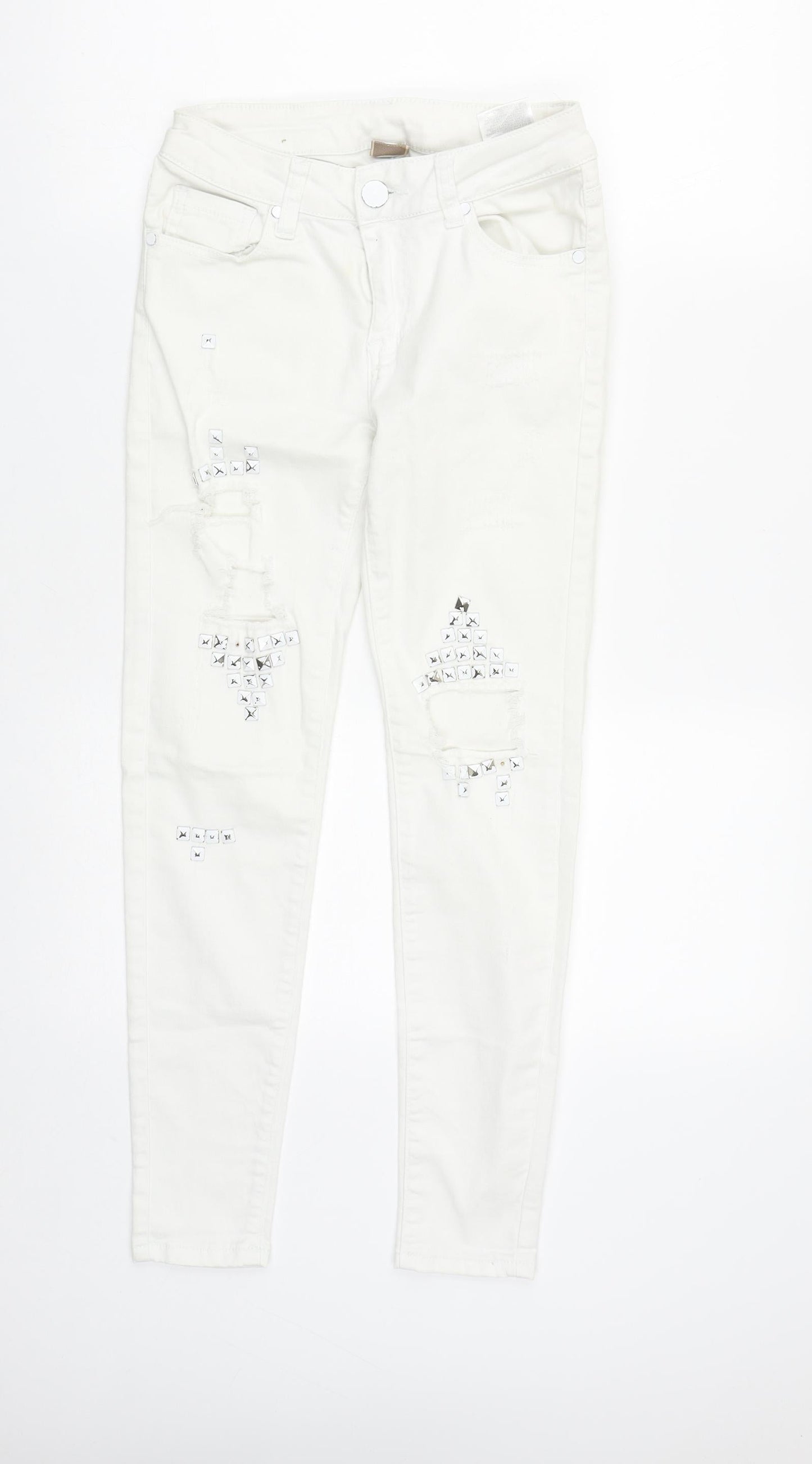 Preworn Womens White Geometric Cotton Straight Jeans Size S L27 in Regular Zip