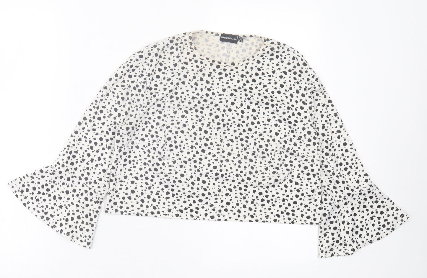 PRETTYLITTLETHING Womens White Animal Print Polyester Cropped T-Shirt Size 8 Crew Neck