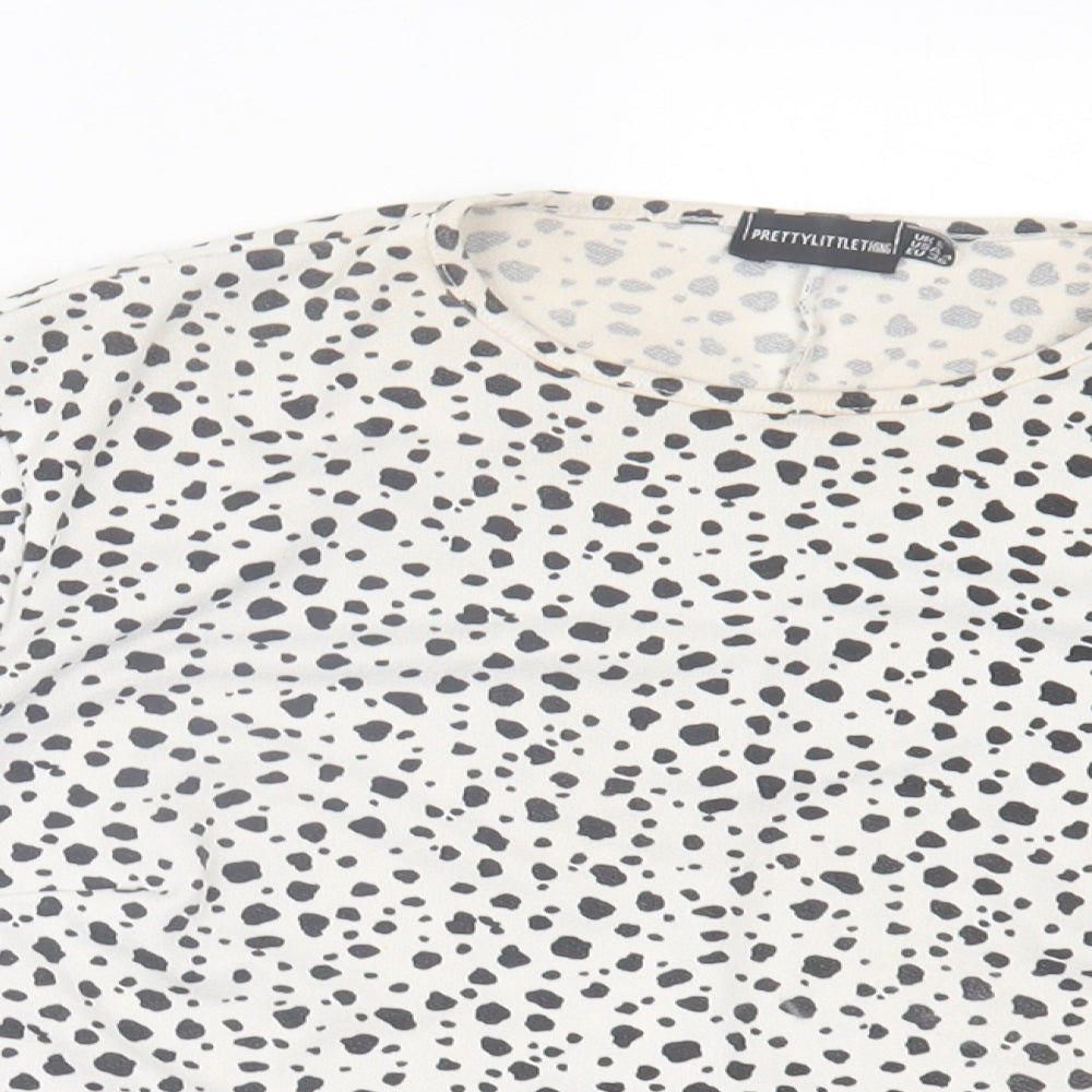 PRETTYLITTLETHING Womens White Animal Print Polyester Cropped T-Shirt Size 8 Crew Neck