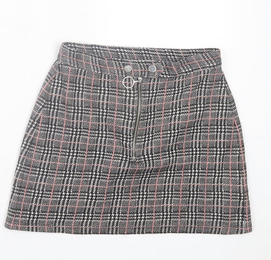 Topshop Womens Black Plaid Polyester A-Line Skirt Size 6   Button
