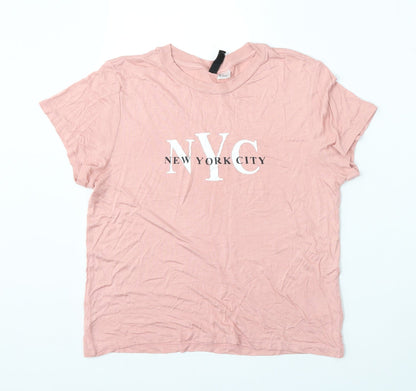 Divided by H&M Womens Pink  Viscose Basic T-Shirt Size S Round Neck