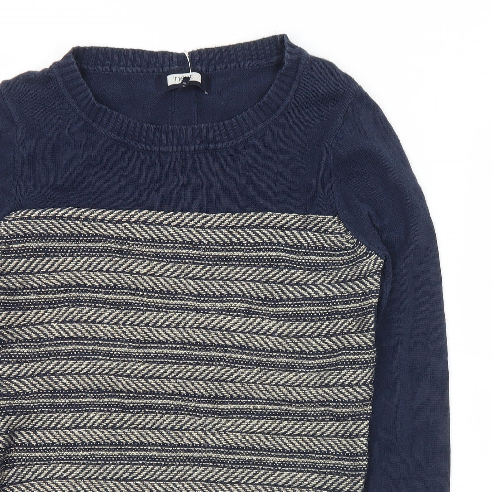 NEXT Womens Blue Round Neck Geometric Cotton Pullover Jumper Size 10
