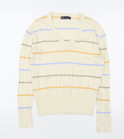 Marks & Spencer Womens Beige V-Neck Striped Viscose Pullover Jumper Size S