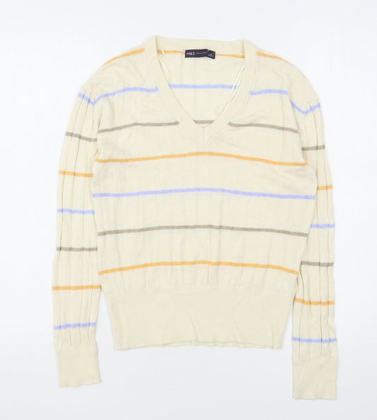 Marks and Spencer Womens Beige V-Neck Striped Viscose Pullover Jumper Size S