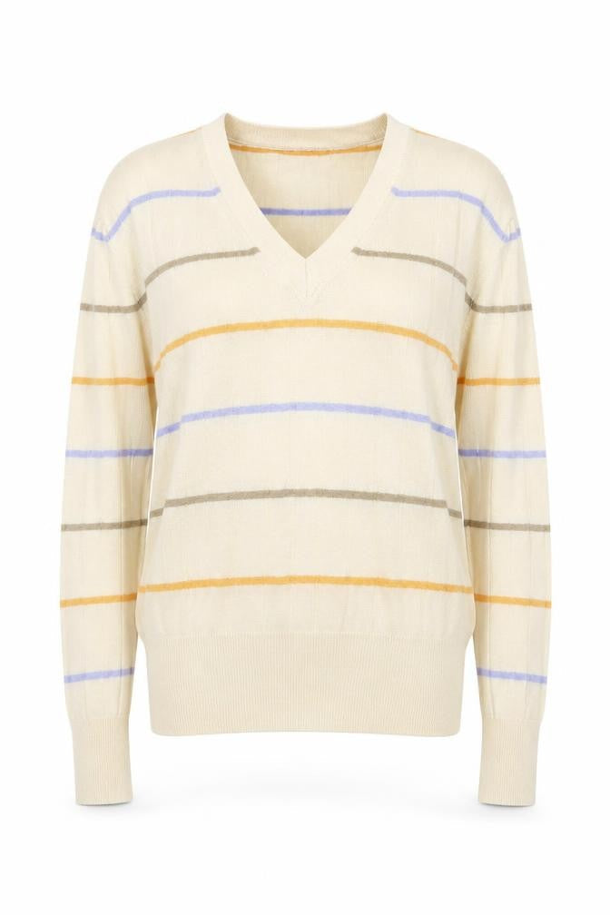 Marks & Spencer Womens Beige V-Neck Striped Viscose Pullover Jumper Size S