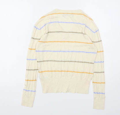 Marks & Spencer Womens Beige V-Neck Striped Viscose Pullover Jumper Size S