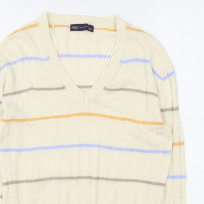 Marks & Spencer Womens Beige V-Neck Striped Viscose Pullover Jumper Size S