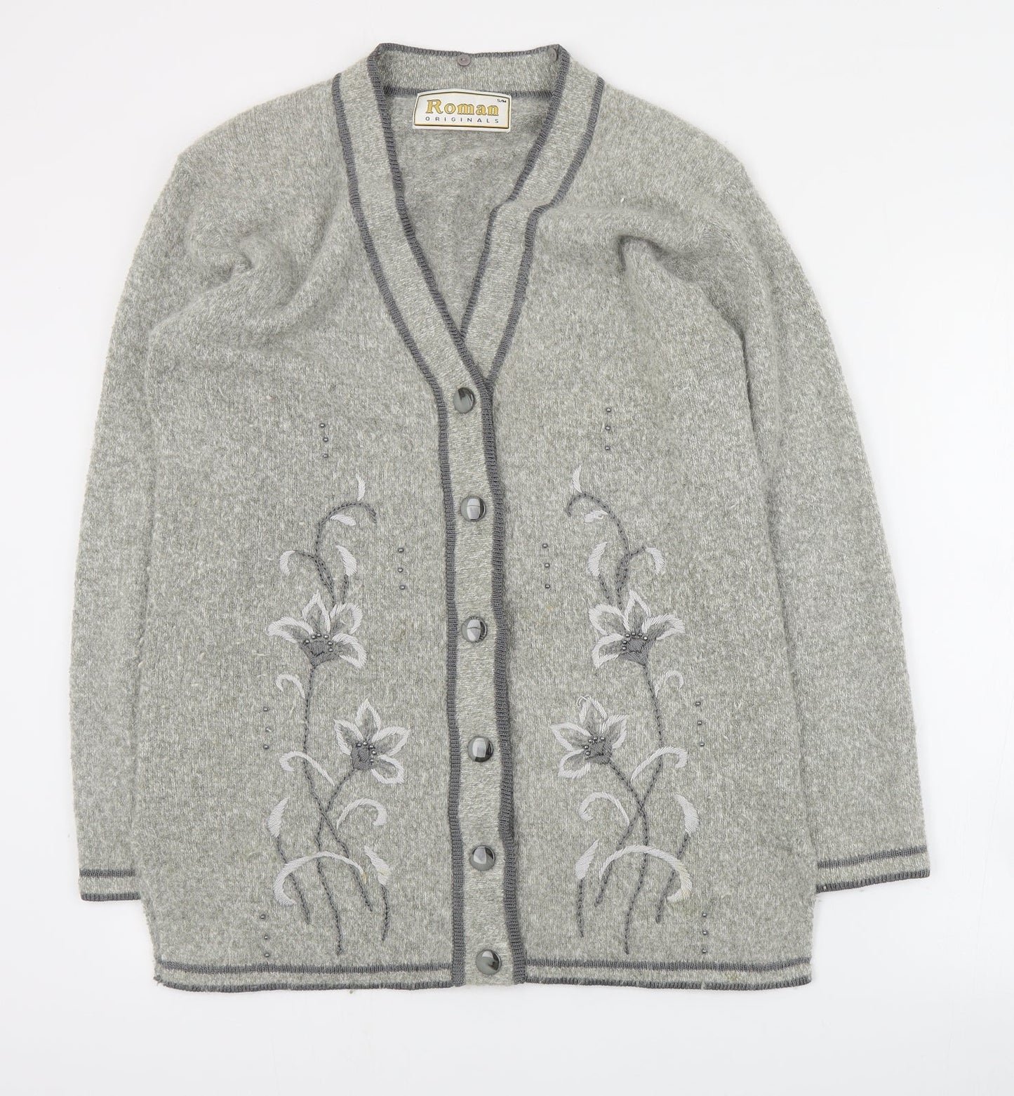 Roman Womens Grey V-Neck  Nylon Cardigan Jumper Size S