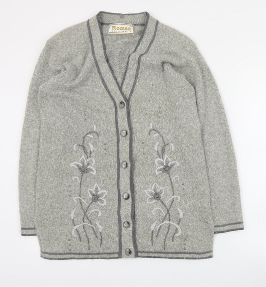 Roman Womens Grey V-Neck  Nylon Cardigan Jumper Size S