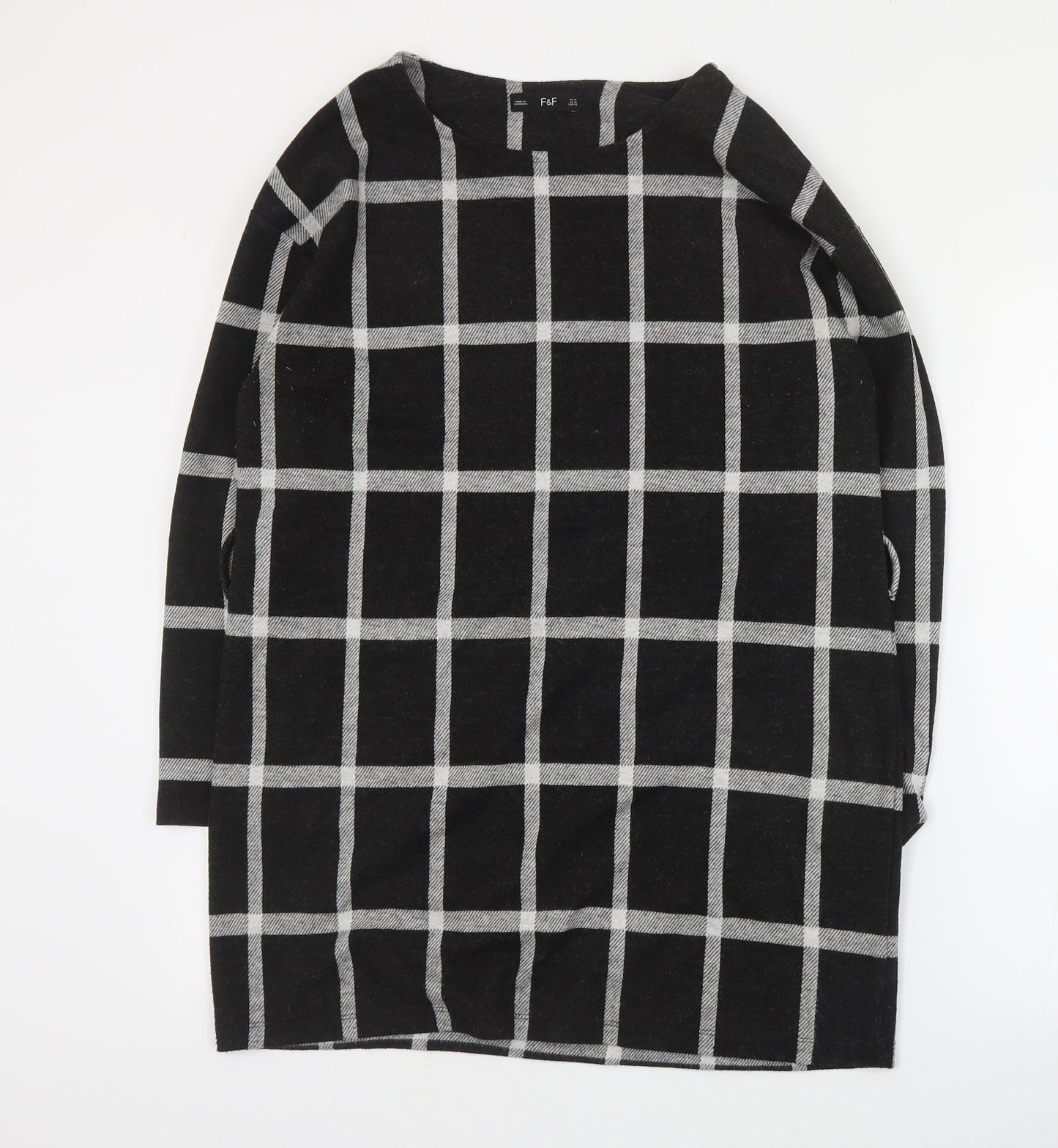 F&F Womens Black Plaid Polyester A-Line  Size 14  Round Neck Pullover