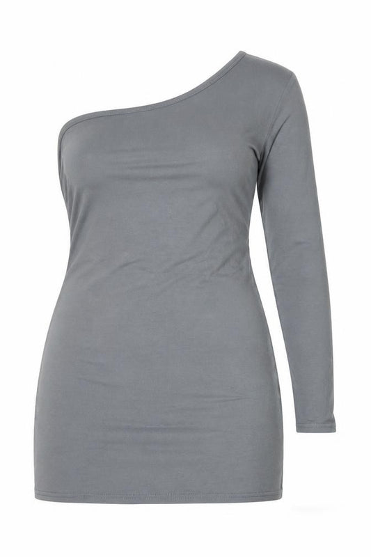 PRETTYLITTLETHING Womens Grey  Cotton Bodycon  Size 14  One Shoulder