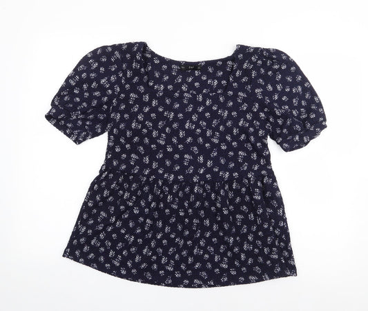 F&F Womens Blue Floral Polyester Jersey T-Shirt Size 10 Square Neck
