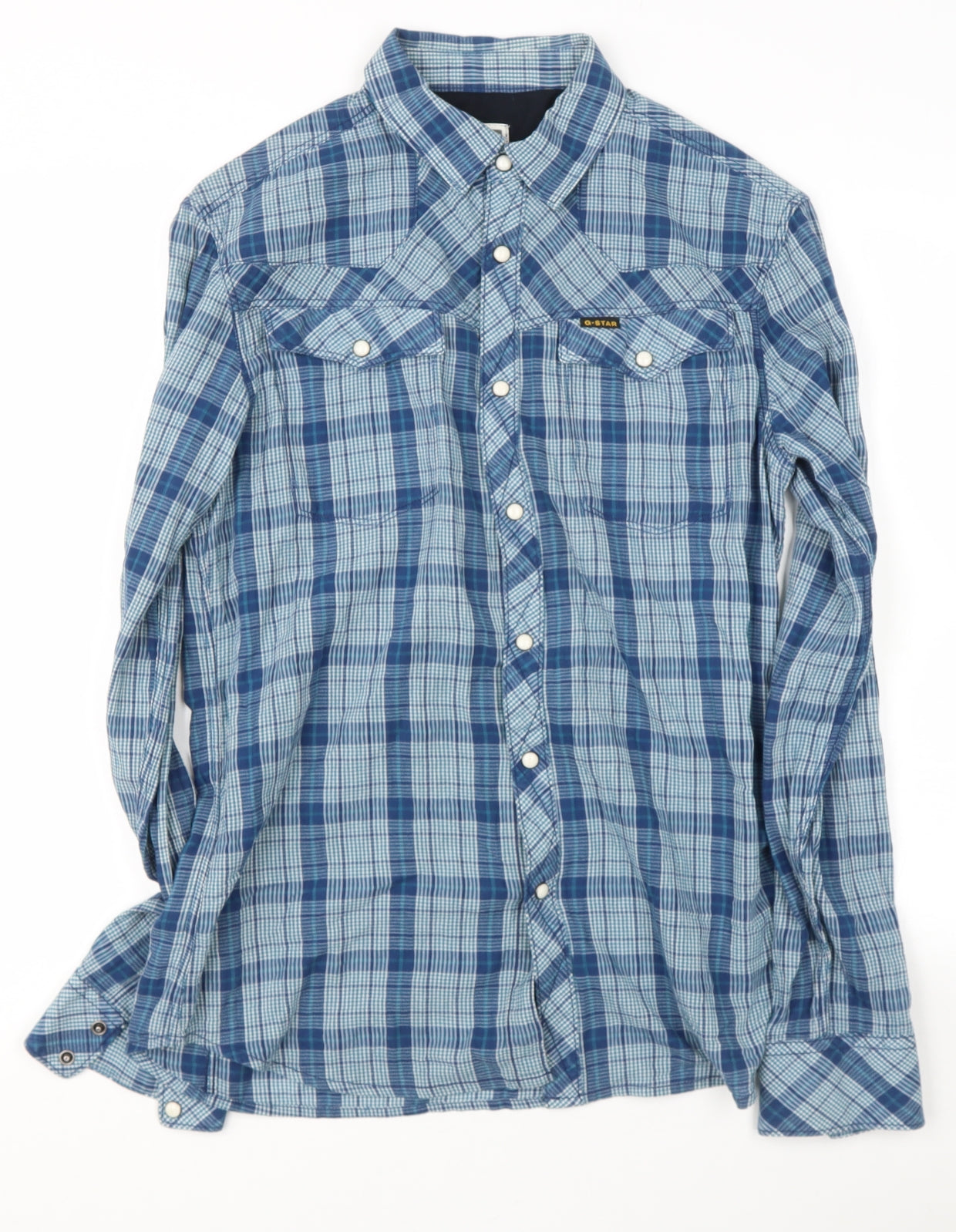 G STAT Womens Blue Check Cotton Basic Blouse Size M Collared