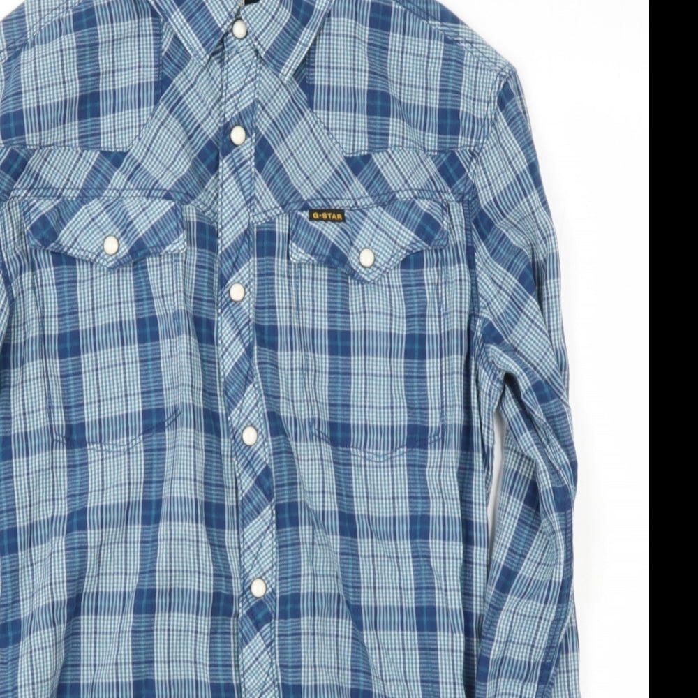 G STAT Womens Blue Check Cotton Basic Blouse Size M Collared