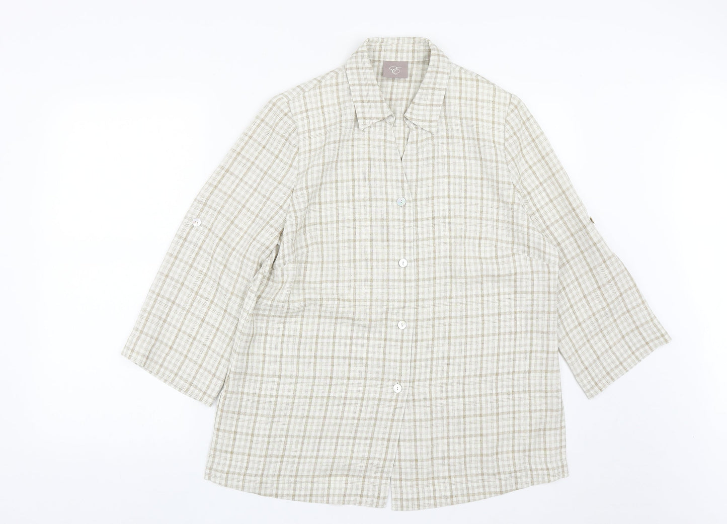 Preworn Womens Beige Plaid Polyester Basic Blouse Size 12 Collared