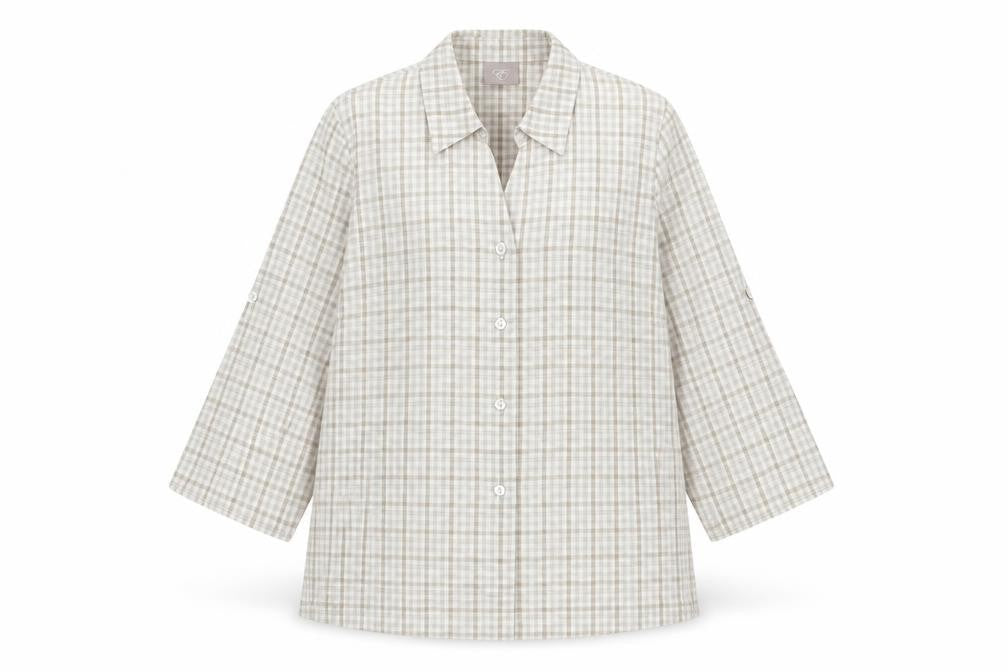 Preworn Womens Beige Plaid Polyester Basic Blouse Size 12 Collared