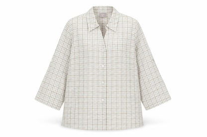 Preworn Womens Beige Plaid Polyester Basic Blouse Size 12 Collared