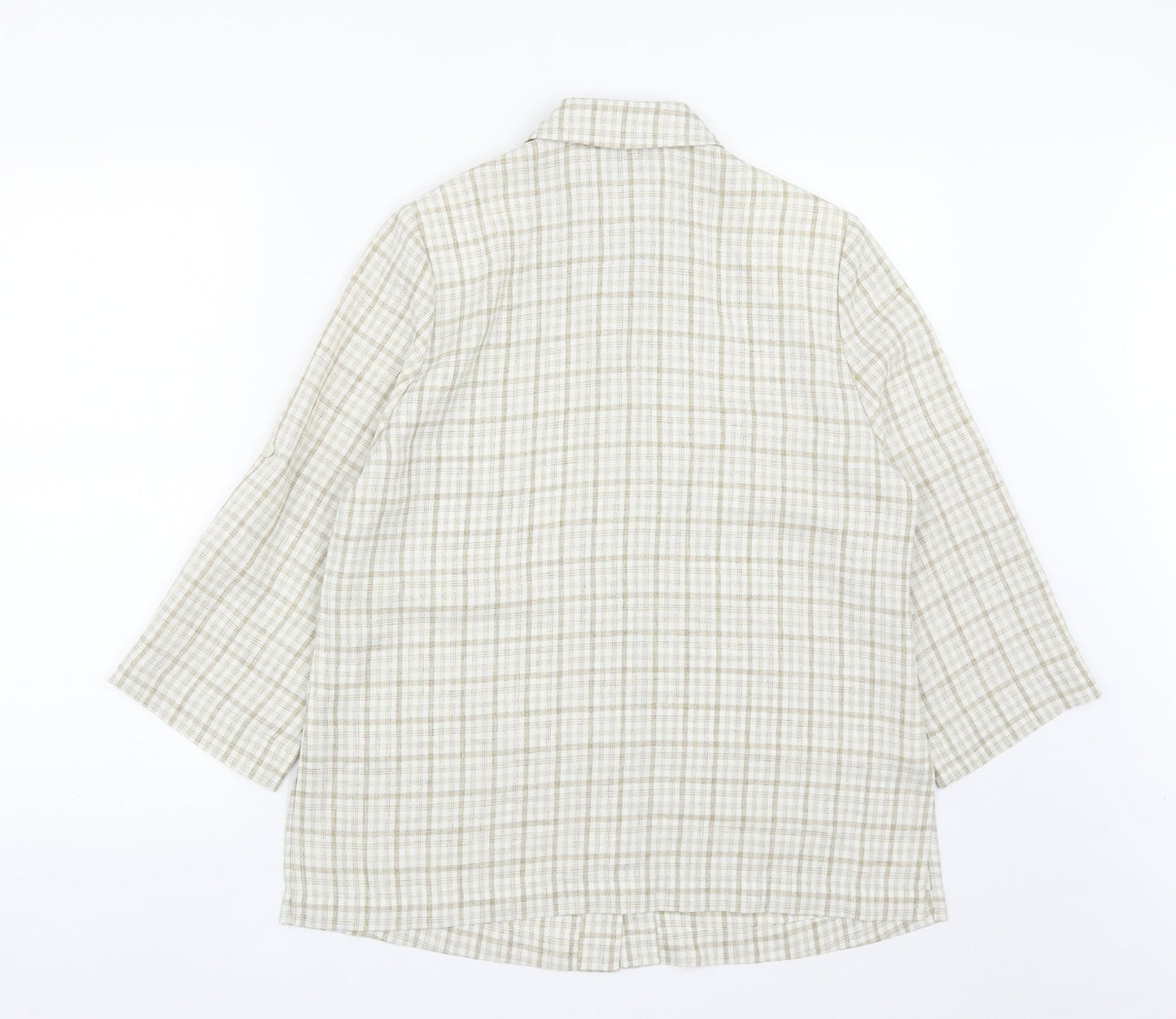 Preworn Womens Beige Plaid Polyester Basic Blouse Size 12 Collared