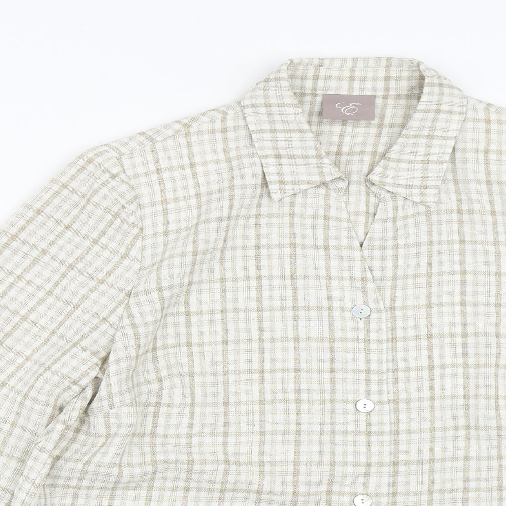 Preworn Womens Beige Plaid Polyester Basic Blouse Size 12 Collared