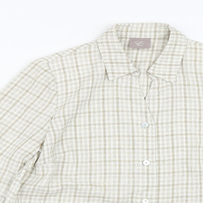 Preworn Womens Beige Plaid Polyester Basic Blouse Size 12 Collared