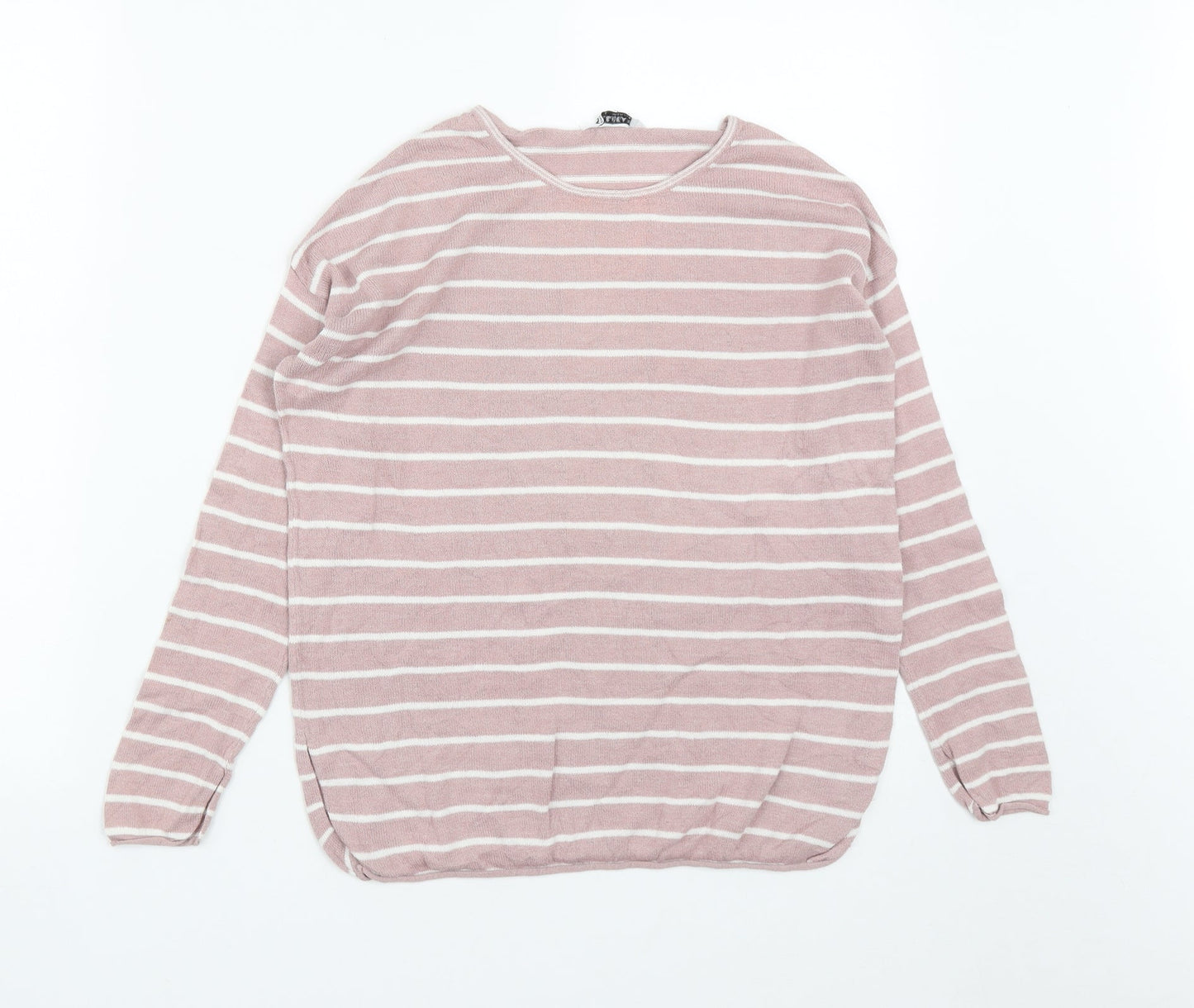 Pull&Bear Womens Pink Round Neck Striped Acrylic Pullover Jumper Size S