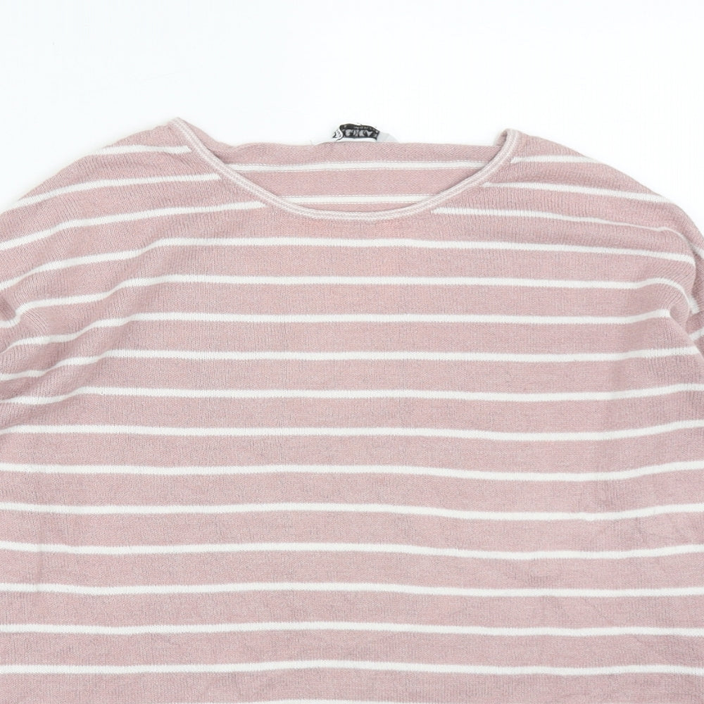 Pull&Bear Womens Pink Round Neck Striped Acrylic Pullover Jumper Size S
