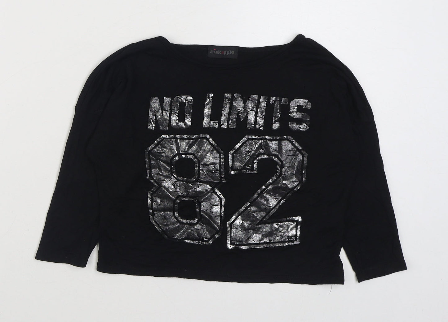 Pink Apple Girls Black  Viscose Basic T-Shirt Size 7-8 Years Round Neck Pullover