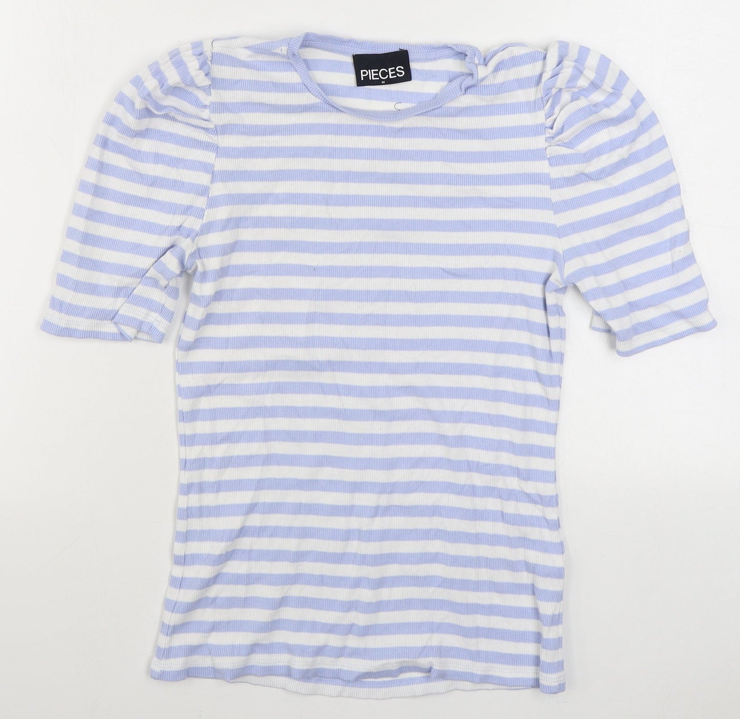 Pieces Womens Black Striped Cotton Basic T-Shirt Size M Round Neck