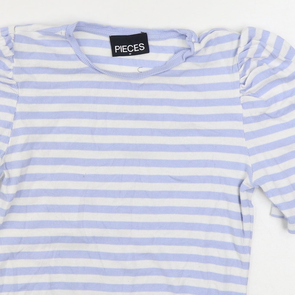 Pieces Womens Black Striped Cotton Basic T-Shirt Size M Round Neck