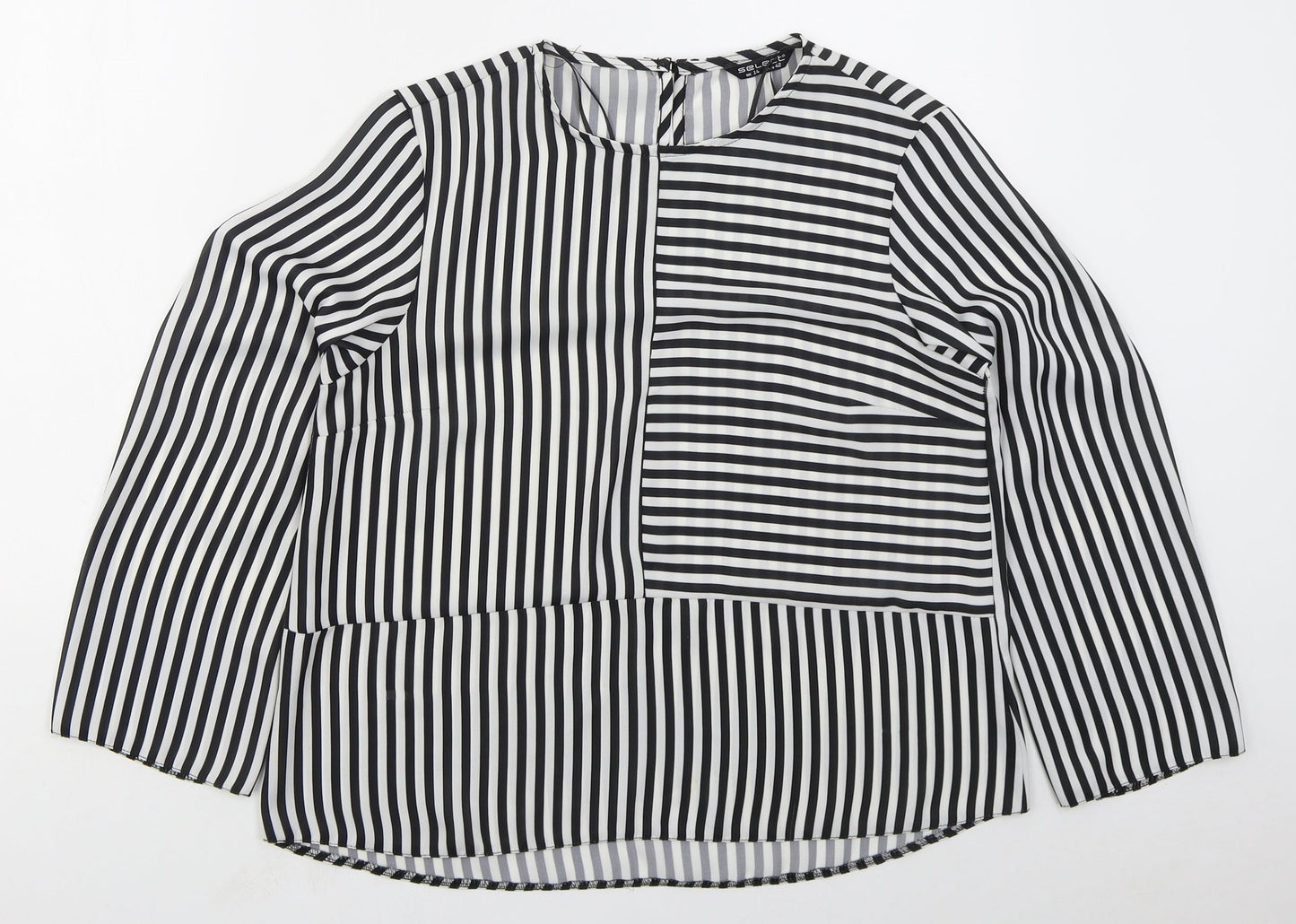 Select Womens Black Striped Polyester Basic Blouse Size 14 Round Neck
