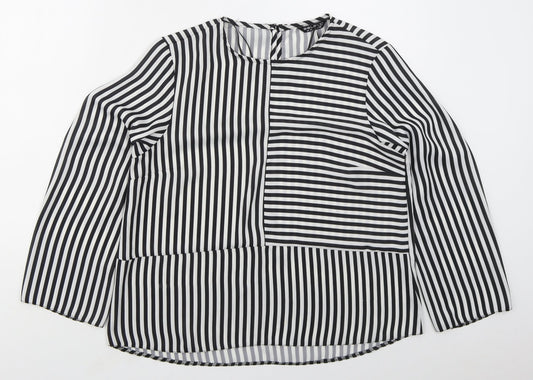 Select Womens Black Striped Polyester Basic Blouse Size 14 Round Neck
