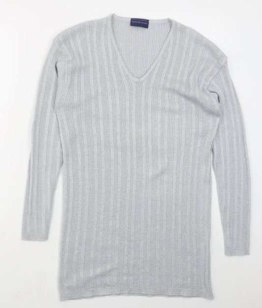 Fashion Extra Womens Grey V-Neck  Acrylic Pullover Jumper Size L
