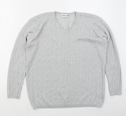Jumper Womens Grey V-Neck  Viscose Pullover Jumper Size L