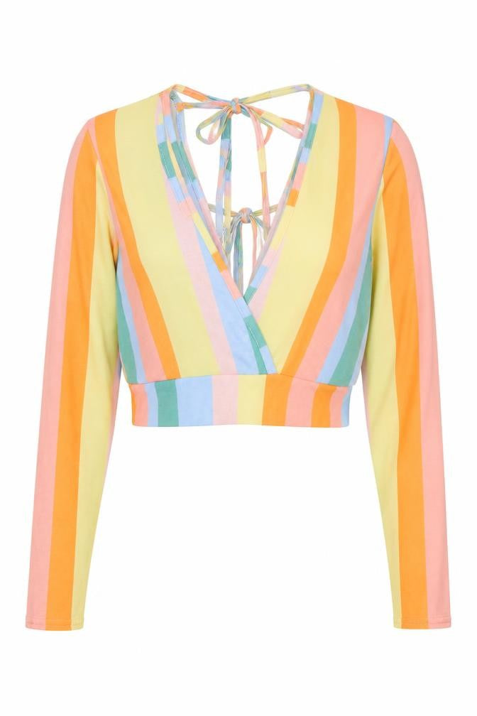 Boohoo Womens Multicoloured Striped Polyester Basic T-Shirt Size 12 V-Neck