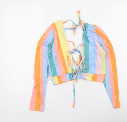 Boohoo Womens Multicoloured Striped Polyester Basic T-Shirt Size 12 V-Neck