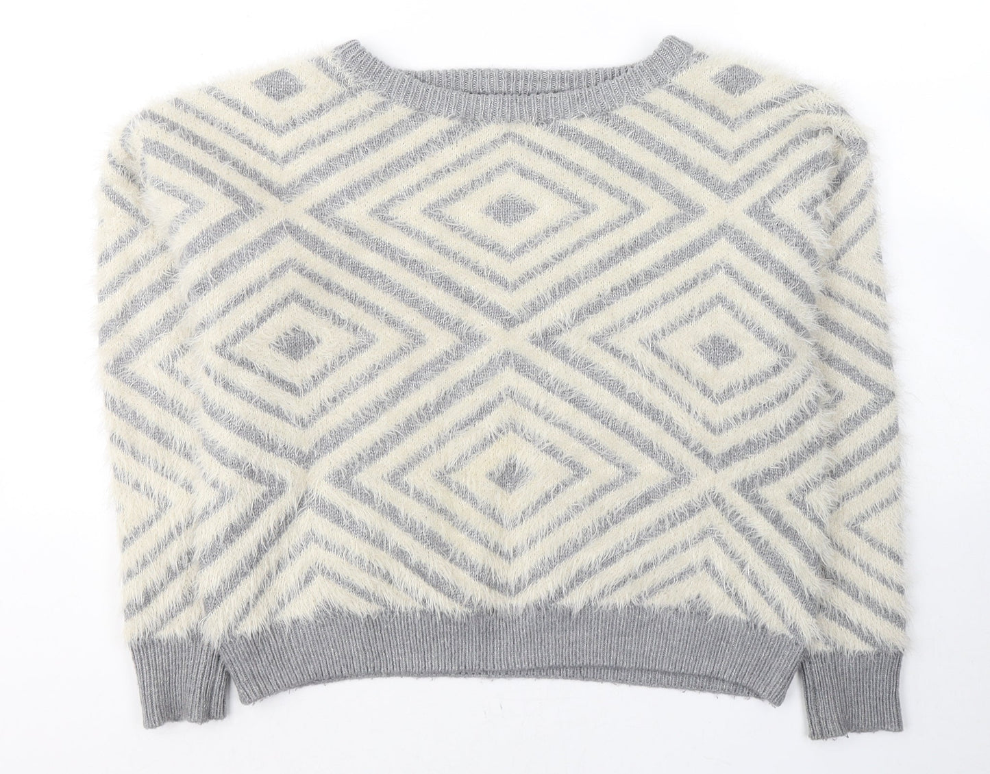 New Look Womens Grey Round Neck Geometric Acrylic Pullover Jumper Size 12