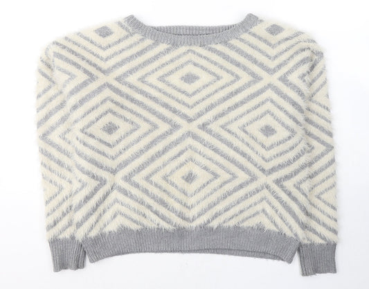 New Look Womens Grey Round Neck Geometric Acrylic Pullover Jumper Size 12