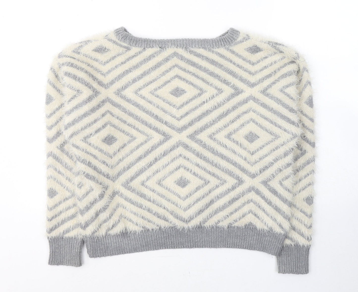 New Look Womens Grey Round Neck Geometric Acrylic Pullover Jumper Size 12