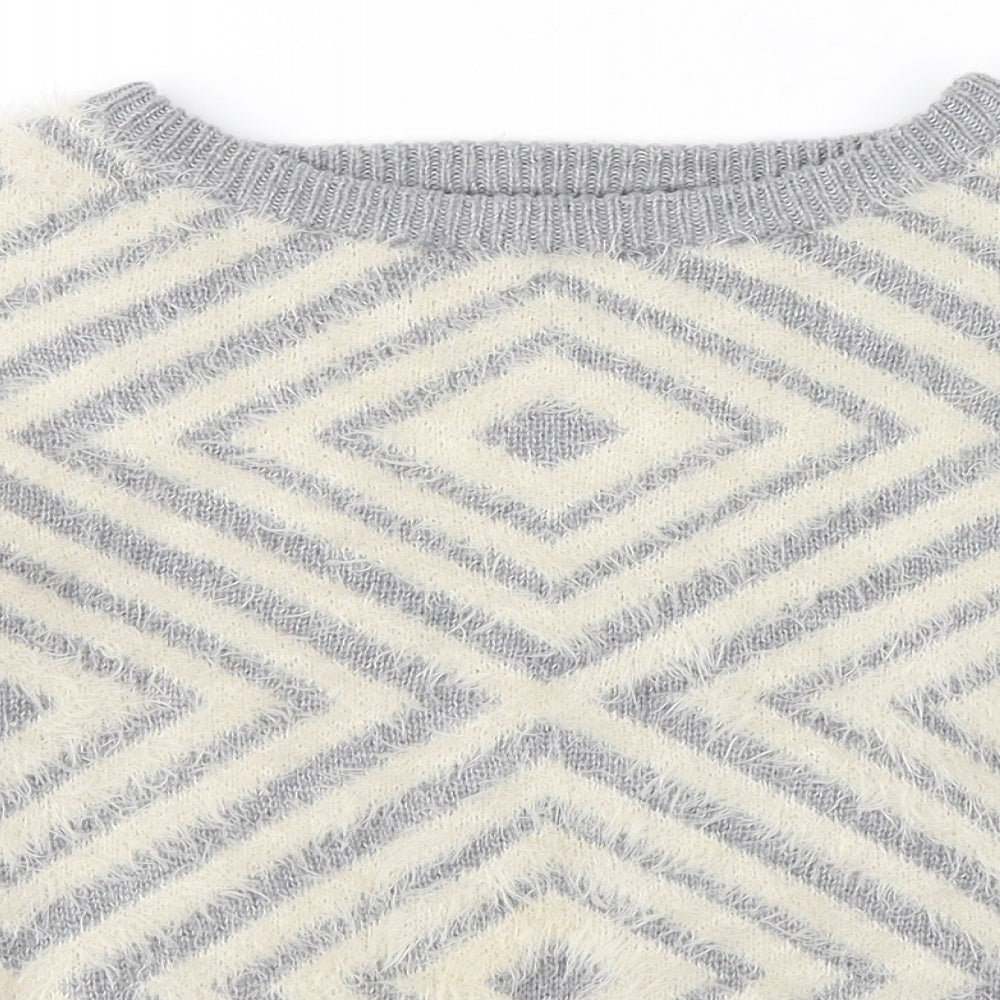 New Look Womens Grey Round Neck Geometric Acrylic Pullover Jumper Size 12