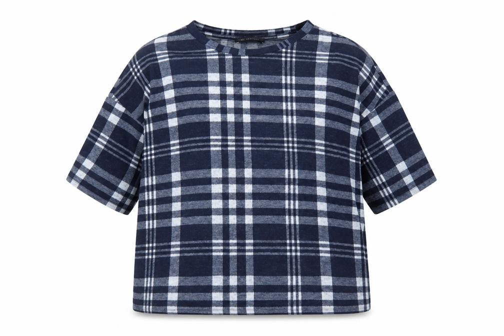 Marks & Spencer Womens Blue Plaid Polyester Jersey T-Shirt Size 14 Crew Neck