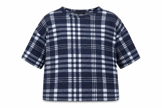 Marks and Spencer Womens Blue Plaid Polyester Jersey T-Shirt Size 14 Crew Neck