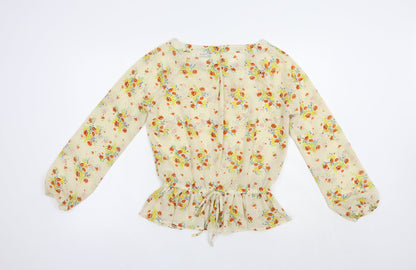 New Look Womens Beige Floral Polyester Basic Blouse Size 8 Boat Neck - Open Back