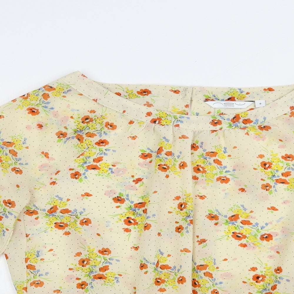 New Look Womens Beige Floral Polyester Basic Blouse Size 8 Boat Neck - Open Back